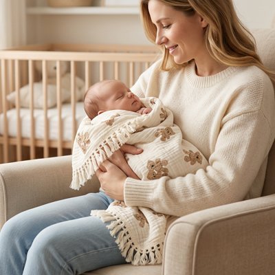 couverture bébé | Double Gaze Coton & Pompons | Maman Magnifique
